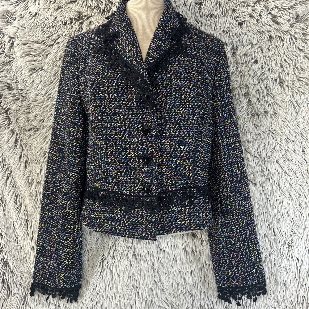 Escada Rainbow Tweed Loop Blazer Crochet Lace Trim Old Money Boho Fairy Sz 40 M‎